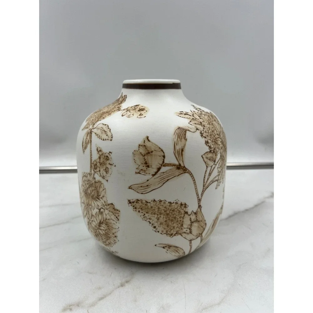 Vintage Style Ceramic Floral Bud Vase White and Brown Botanical Sketch 6.5 Inch